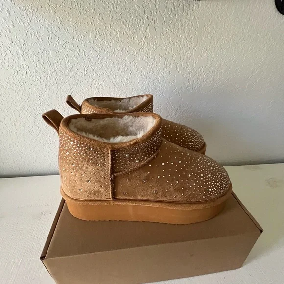 BearPaw Tan Suede Slippers with Rhinestones - Picture 2 of 5